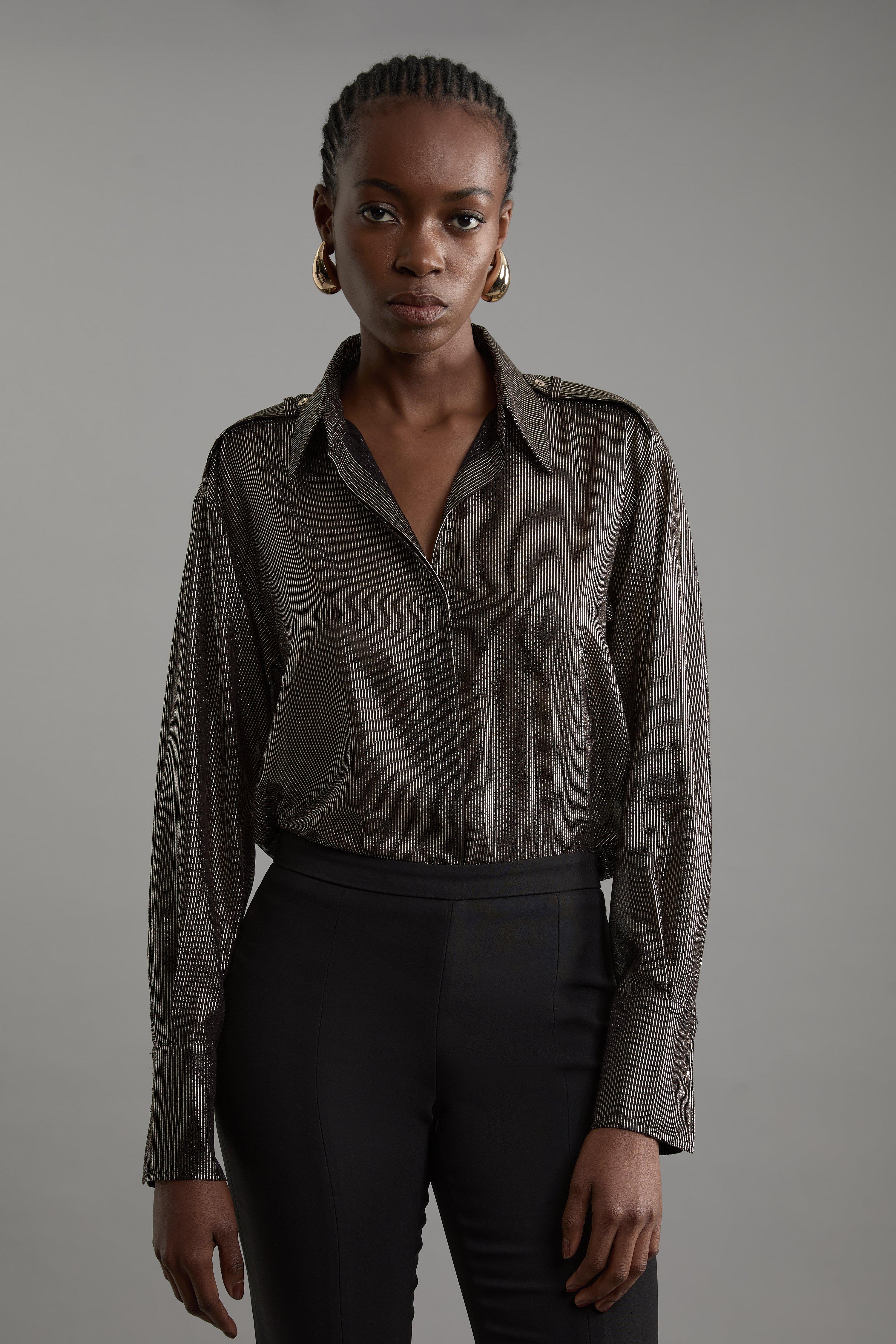 Metallic Woven Collared Pinstripe Shirt | Karen Millen